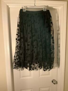 NASHALYIY Women's Black Mesh Floral Embroidered A-Line Midi Skirt